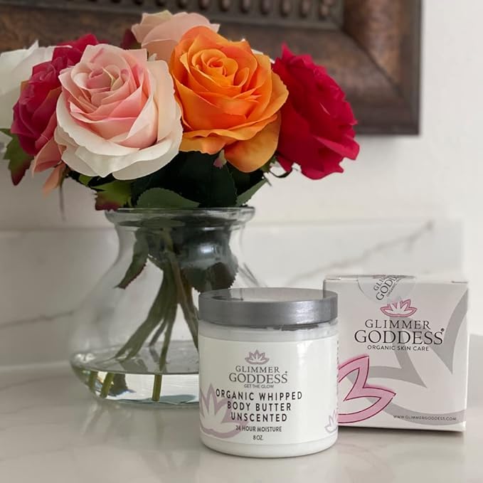 Glimmer Goddess Organic Whipped Body Butter for Women - Moisturizer Cream with Shea & Cocoa Butter, Almonds & Coconut Oil - Honeysuckle, 8oz