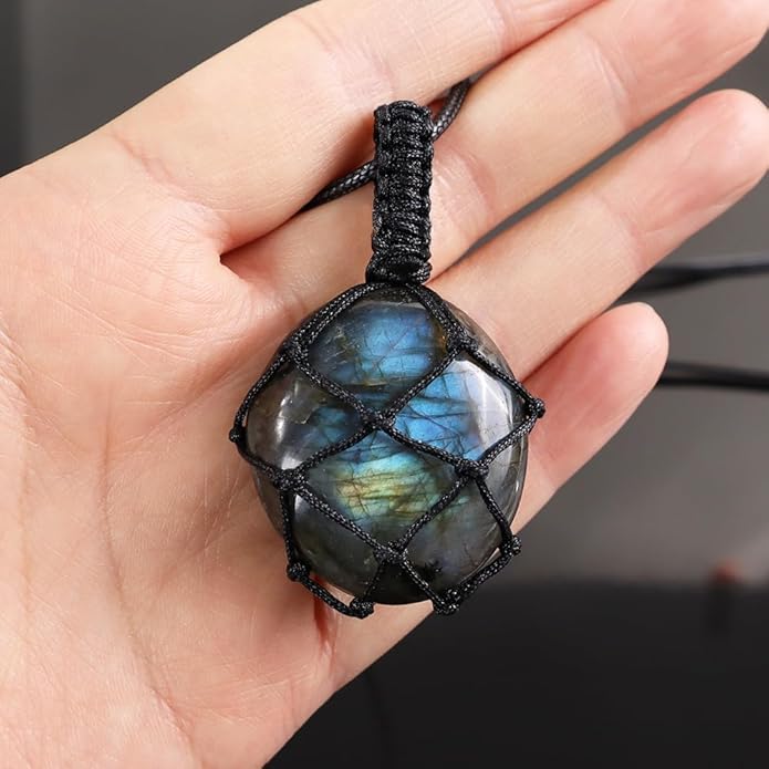 Handmade Natural Gemstone Crystal Pendant Necklace Stone Holder Necklace Cord Net Necklace with Adjustable Length for Women Men