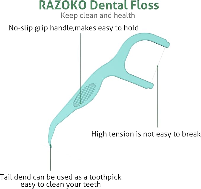 RAZOKO Dental Floss Picks Extra Strong Flosser Pick Toothpicks Fresh Mint 200 Count