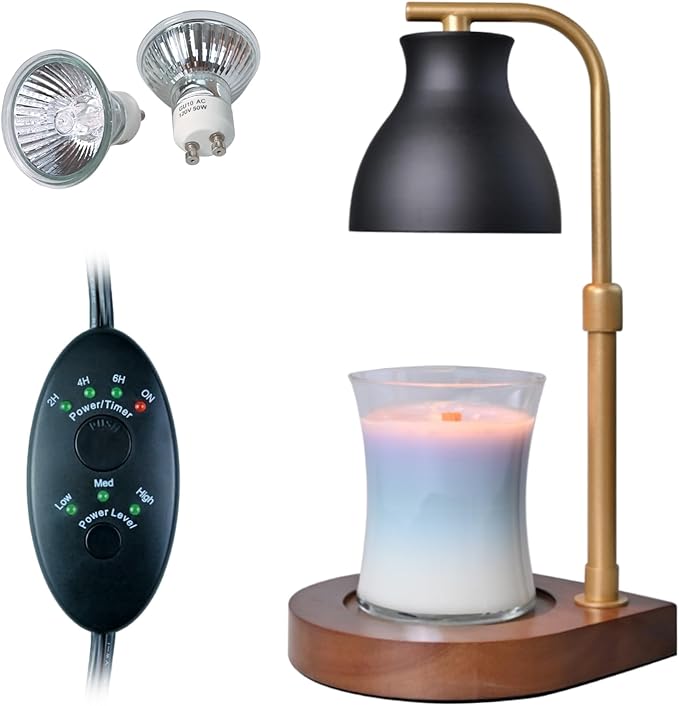 SOKCVSEA Candle Warmer Lamp - Candle Lamp Warmer with Timer Height Adjustable, Birthday Gifts for Mom Women, House Warming Gifts New Home Decor, Wax Melt Warmer with 2 Bulbs G.Black Gold