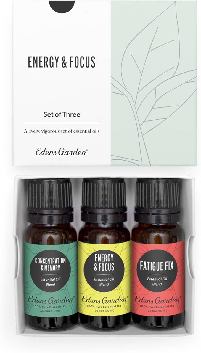Edens Garden Energy & Focus Essential Oil 3 Set – 100% Pure Therapeutic Grade Aromatherapy Blends Kit For Concentration, Memory & Fatigue – Ideal For Diffuser, Massage, Home & Skin Care, 10 ml/ 3 Pack