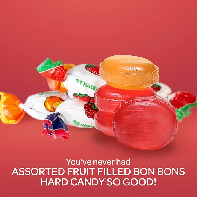 Fruit Filled Hard Candy - 2 Pound Bulk Pack (About 150 Count) - Assorted Flavors Bon Bons - Cherry, Orange, Strawberry, Raspberry
