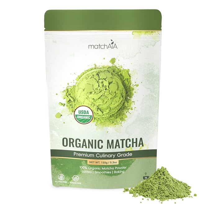 MatchAiA Organic Matcha Green Tea Powder - Premium Culinary Grade, USDA Certified, 100% Pure - Perfect for Lattes, Smoothies, Desserts and Baking - Sugar Free, Gluten Free (150g / 5.3oz Pouch)