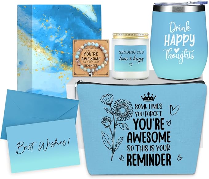 Positive Self Care Birthday Gifts for Women, Thank You Get Well Soon Thinking of You Gifts for Women, Teacher Friends Girls Christmas Friendship Wine Tumbler Makeup Bag Scented Candle Bracelet Basket