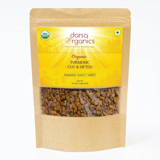 Darsa Organics Turmeric Root (Cut & Sifted) 16 oz, Premium Grade USDA Organic Curcuma longa, Great for Teas, Smoothies, Pickling & Golden Milk, Non-GMO, Gluten-Free, Vegan, Kosher
