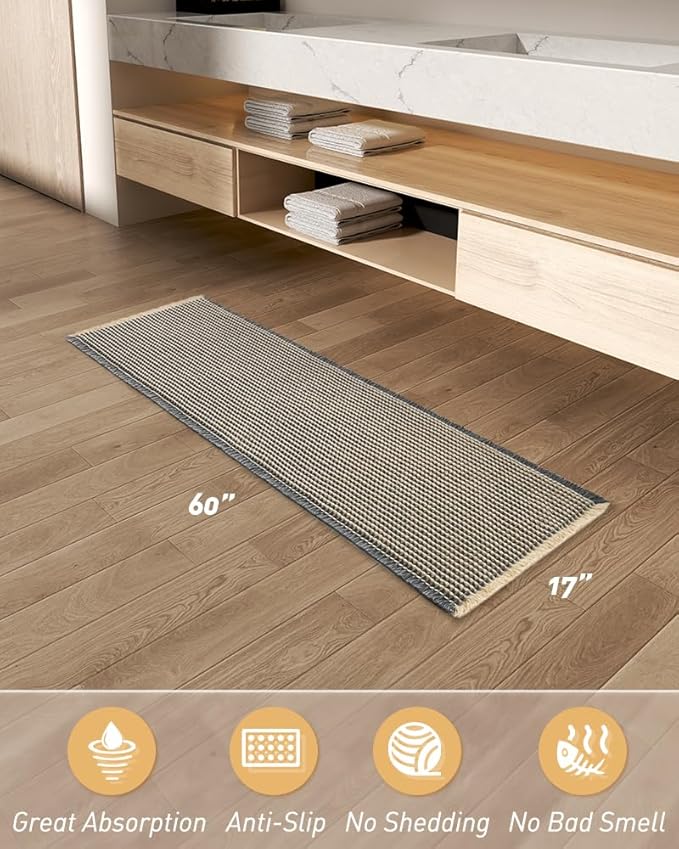 AMOAMI Upgraded Waffle Runner Rug Super Absorbent Non Slip Bath Mats for Bathroom Washable Bathroom Runner Rug with Tassels, Ideal for Hallway Bedroom Laundry Room, Dark Grey & Yellow, 17" x 60"