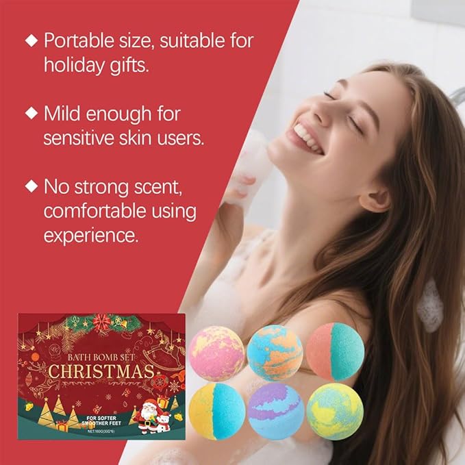 6 Pcs Christmas Bath Bombs Gift Set for Women,Handmade Natural Bath Bomb with Fizz Effect,Moisturizing and Soften Skin,Fruit & Flower Scents Skin Care Bathbombs for Stocking Stuffers Gift