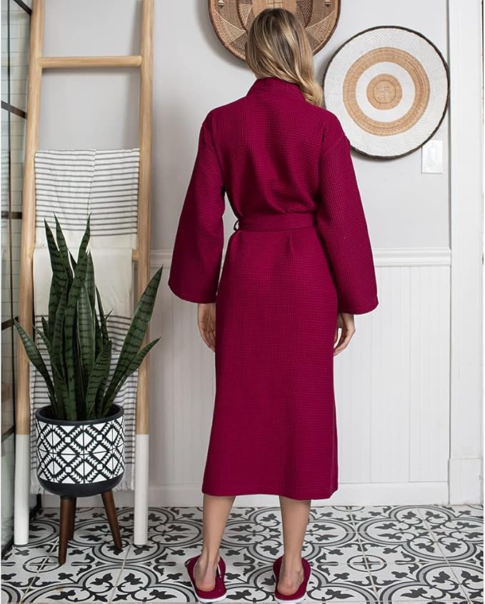 Lotus Linen Waffle Robes for Women - Lightweight Cotton Kimono Bathrobe - Long Soft Spa Bath Robe