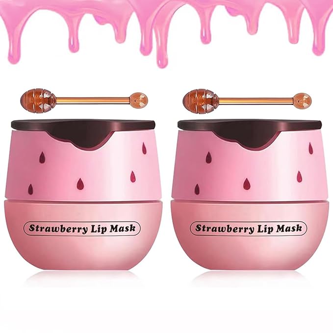 2PCS Strawberry Lip Balm, Vitamin E Lip Masks & Moisturizing Propolis Sleeping Lip Mask, Effective Reduces Lip Lines Prevention Dry and Cracked Lip Scrubs Exfoliator Smoothing Dry Lip Care