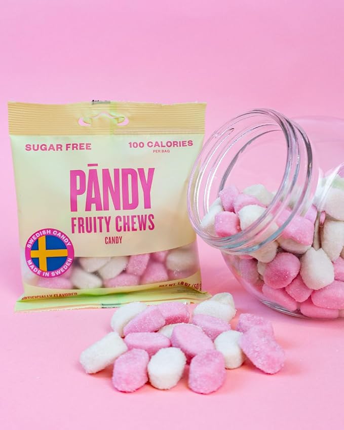 Pandy Swedish Candy Sugar Free Candy Wild Strawberry & Fruity Green Apple 14 Bags - Swedish Candy Mix - Diet Candy Keto Gummy Low Calories Snacks - Healthy Foam Sweets Fruity Chews 14 x 1.8oz