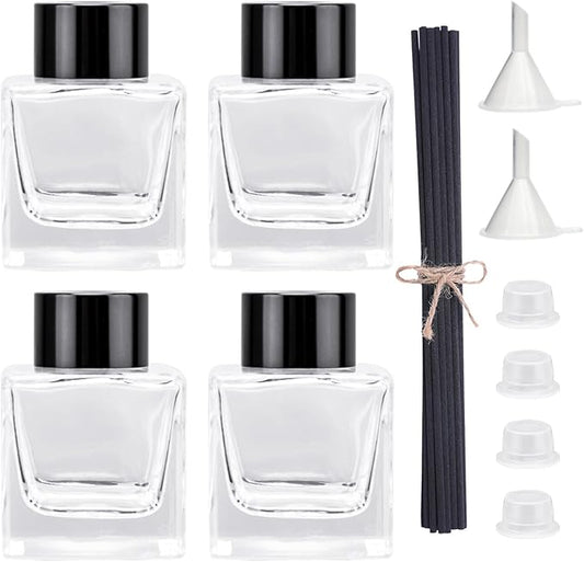 4PCS Refillable Fragrance Glass Diffuser Bottles with 20pcs Reeds Sticks & Black Caps & Funnel, Diffuser Jars for Home Oil Fragrance Decoration Girl Women Gift (50ML)