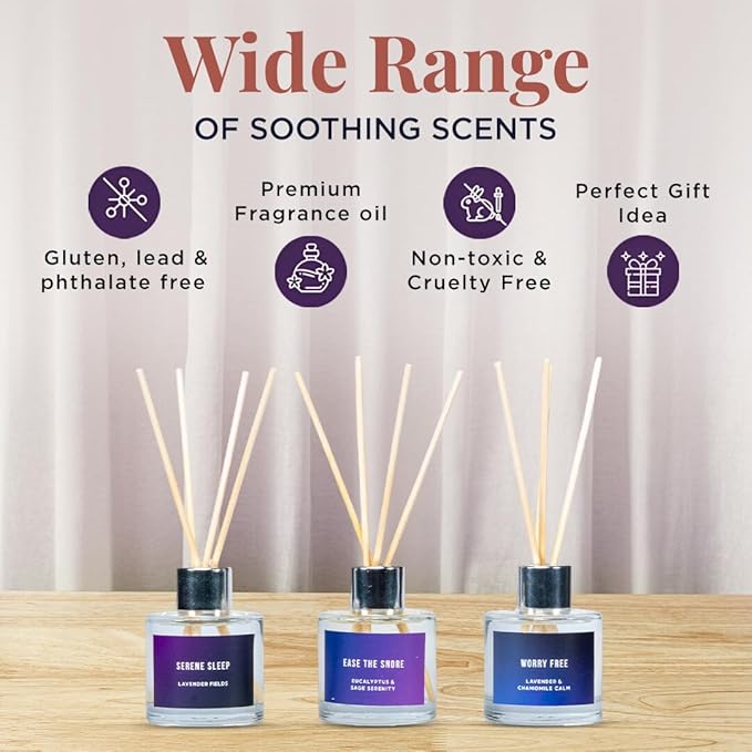 Folkulture Reed Diffusers for Home, Set of 3-5 oz | Sleep Diffuser Oil with Sticks for Bathroom Decor Accessories, Living Room, Office, Desk| Natural Essential Oils | Housewarming Gifts | Lavender