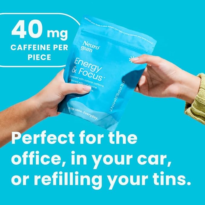 NeuroGum Energy & Focus Gum (90 Count Bag, Peppermint) | 40mg Natural Caffeine + L-Theanine + Vitamin B12 & B6 + Xylitol | Sugar Free Nootropic Cognitive Brain Performance Supplement