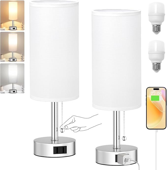 Fenmzee White Silver Bedside Table Lamps Set of 2-3 Color Temperatures Pull Chain Lamp with AC Outlet Charging Port, Two Round Night Stand Lamps for Bedroom, Small Bed Side Light with E26 LED Bulbs