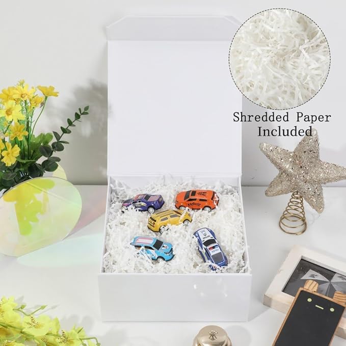 6 Pcs Small White Gift Box 8x8x4 Inch Magnetic Gift Box with Crinkle Paper Luxury Gift Boxes for Presents