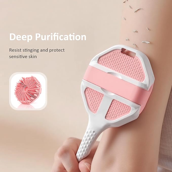 3PCS Extender Handle Set,17in Lengthen Detachable Long Handle Back Brush*1,Silicone Body Scrubber for Gentle Exfoliating and Massage Can Produce Rich Foam*2,Long Handle Back Scrubber for Men (White)