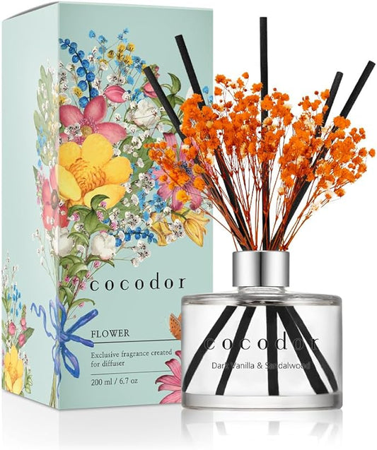 COCODOR Flower Reed Diffuser Set / 6.7oz / Dark Vanilla&Sandalwood/Scent Diffuser with Sticks Home Fragrance Reed Diffuser for Bathroom Shelf Decor