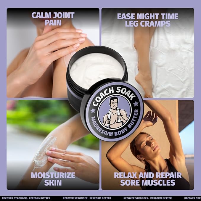 Coach Soak Nighttime Magnesium Body Butter, Thick Cream with High Magnesium Concentration, Soothes Muscles Overnight, Shea Butter, Almond Oil & Lavender, Large Size (8oz)