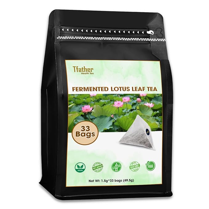 Fermented Lotus Leaf Tea Bags – Lower Blood Pressure, Reduce Cholesterol & Detox Cleanse – Flavor Balance of Nectar & Meatiness - Herbal Loose Leaf Tea Bag in Pyramid with Dipping String
