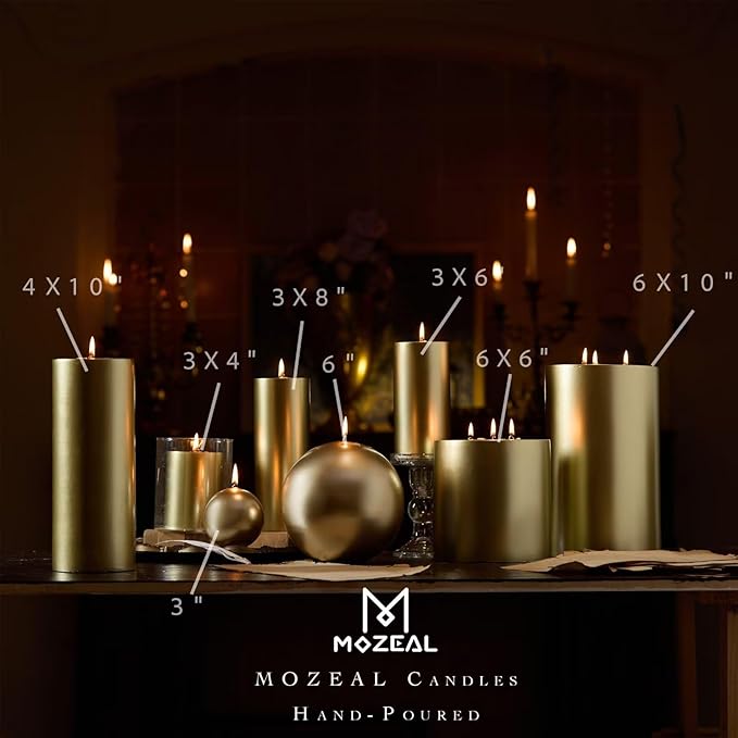 MOZEAL 3" x 4" Hand-Poured Unscented Candle,Dripless Pillar Candle Set of 3,Long Clean Burning,Approx 72 Hours Burn Time,Rustic Country Style,Wedding,Dinner,Christmas and Home Decor,Gold