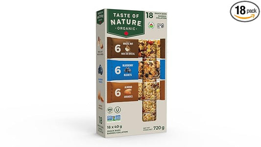 Taste of Nature Organic Snack Bars - Variety Pack - Healthy, Gluten Free, Non GMO, Vegan Snack Bars with Mixed Nuts, Fruits and Seeds - 18 Snack Pack x 40g Each Bar