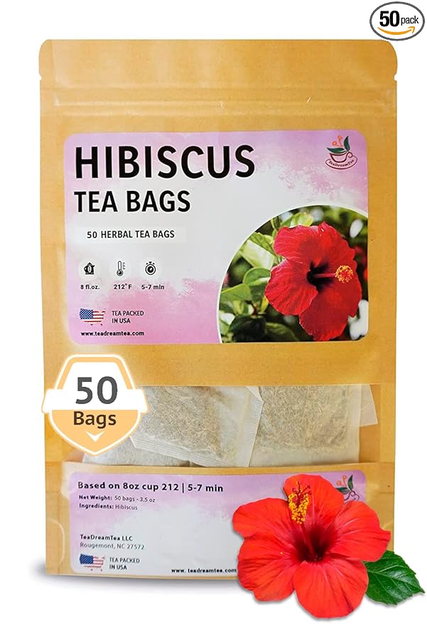 TeaDreamTea Hibiscus Tea Bags | 50 Bleach-Free Tea Bags | Caffeine Free | Dried Hibiscus Flowers | Hibiscus Flower Tea | Dried Flower Tea | Brew Hot or Iced |Herbal Hibiscus Tea