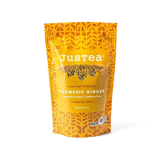 JusTea TURMERIC GINGER | Loose Leaf Herbal Tea | Recyclable Refill Pouch | 160+ Cups (15.5oz) | Caffeine Free | Award-Winning | Fair Trade | Non-GMO