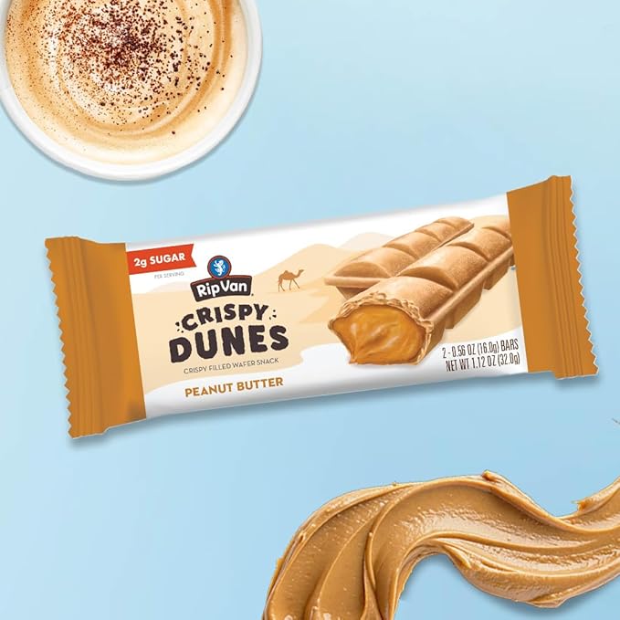 Crispy Dunes Peanut Butter Wafer Sticks – Low-Calorie Snack with Peanut Butter Cream Filling, 90 Calories, Non-GMO, Prebiotic Fiber - 12 Pack