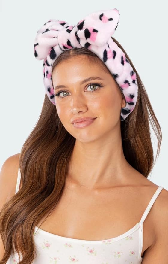 Huachi Pink Leopard Soft Microfiber Spa Headbands for Women Washing Face, Cute Skincare Headband with Bow, Face Wash Headbands for Teen Girls, Party Favors Bow Hair Band