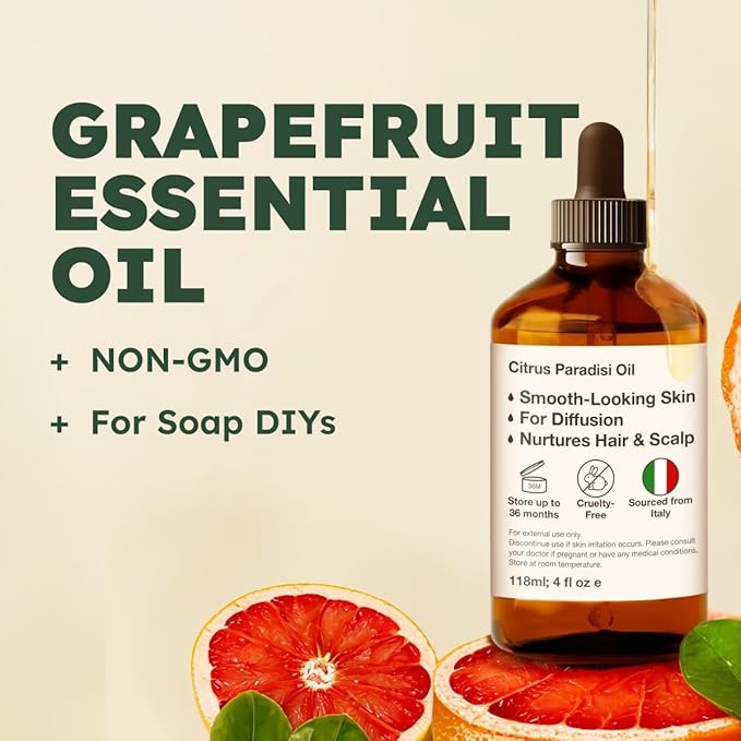 KUKKA Grapefruit Essential Oils - 4 Fl Oz - for Hair, Skin, Diffuser, Aromatherapy & DIY Soap Making Scent