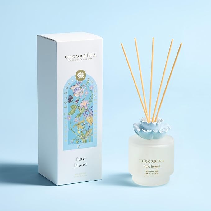 COCORRÍNA Gypsum Flower Reed Diffuser Set for Bathroom Décor – Pure Island Scent, 6.76 oz with Sticks & Oil – Home Fragrance for Bathroom & Living Space