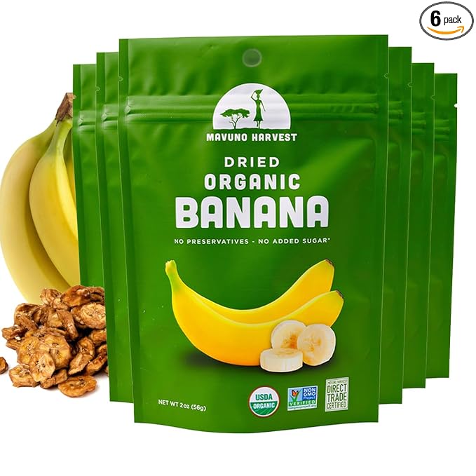 Mavuno Harvest Dried Banana Chips Fruit Snacks | Organic Dried Banana | Healthy Snacks for Kids & Adults | Unsweetened Banana Chips | Gluten Free Snack | Vegan, Non GMO, Direct Trade | 2 Oz, Pack of 6