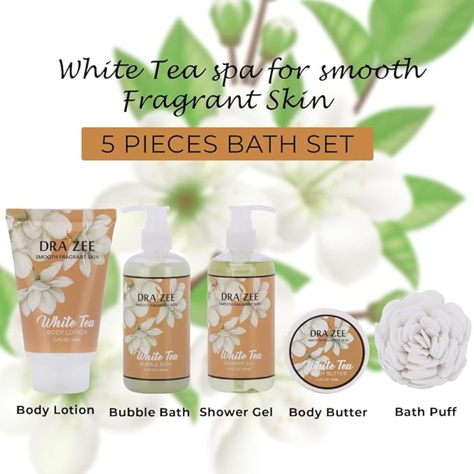 Luxury Spa Gifts for Women – 6 Pc White Tea Scented Bath and Body Set with Bubble Bath, Lotion & More – Luxury Self Care Kit for Wife, Mom, Girlfriend, Birthday Gifts for Women by Draizee