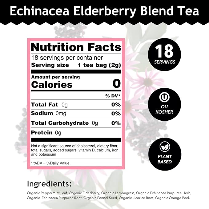 Buddha Teas - Organic Echinacea Elderberry Blend - Herbal Tea - For Health & Wellbeing - With Antioxidants & Minerals - Clean Ingredients - No Caffeine - OU Kosher & Non-GMO - 18 Tea Bags (Pack of 1)