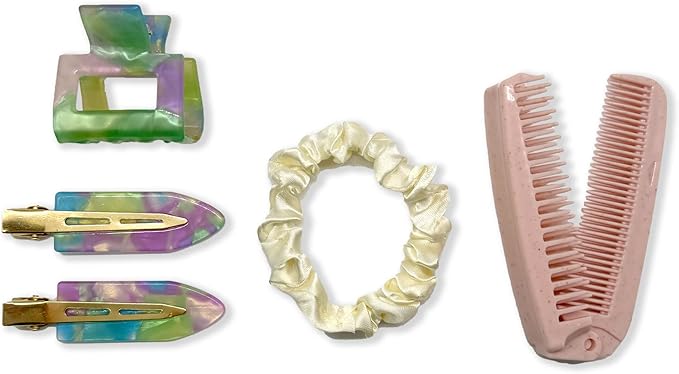 Bonks GoGo Kit - Hair Care Kit Mermaid - Portable Hair Accessories Pouch for Women & Teens - Includes Mini Claw Clip, Seamless Hair Pins, Silky Hair Tie & Folding Comb - Compact Travel Essential