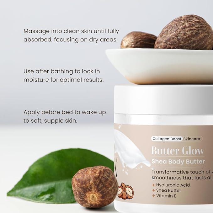 ButterGlow Shea Body Butter | With Hyaluronic Acid & Shea Butter | Intensive Hydration & Skin Softening | Rich & Creamy Formula | For Dry Skin Relief - 6.76 Oz