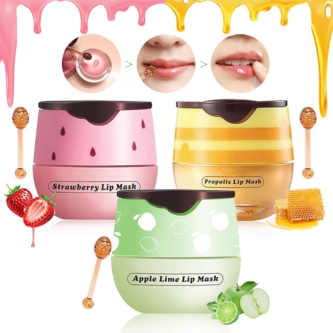 3 Pcs Honey Lip Balm, Strawberry Apple Lip Mask, Moisturizing Lip Sleeping Mask, Hydrate Repair Prevent Dry Cracked Lip (Strawberry + Honey + Apple Lip Balm)