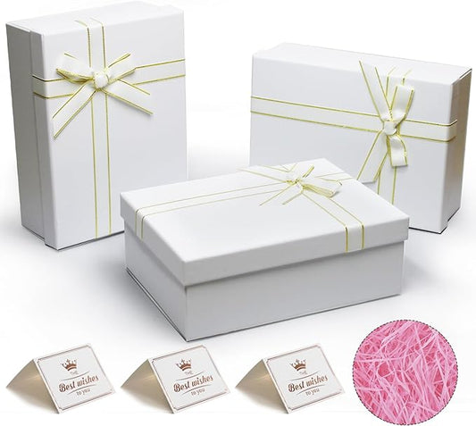 Eerbaier White Gift Boxes with lids - 3 Pack 8.8x6.3x3.5 Inches Present Box with Raffia Paper Fill and Greeting Card - Premium Cardboard Gift Boxes for Presents