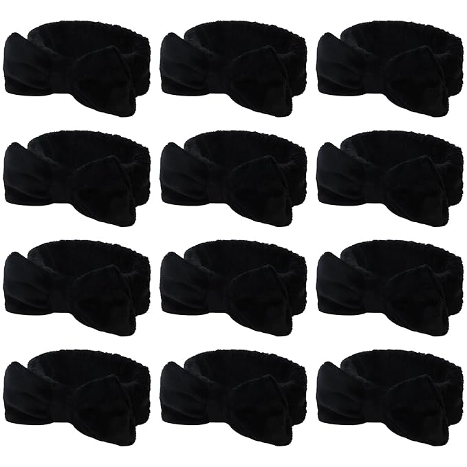Casoty 12 Pcs Black Spa Headbands, Hair Holder for Washing Face, Soft Coral Fleece Facewash Headband, Bow Hair Bands, Skin Care Headband for Face Washing Shower Skin Care Yoga