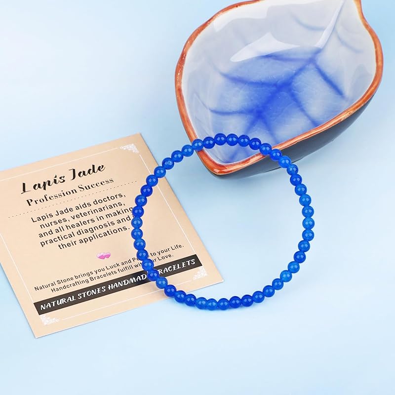 AD Beads Handmade Gemstone Stretch Elastic Bracelet Crystal Healing Reiki Nature's Beauty and Spiritual Essence Unisex (4mm, Blue Lapis Jade (Profession Success))