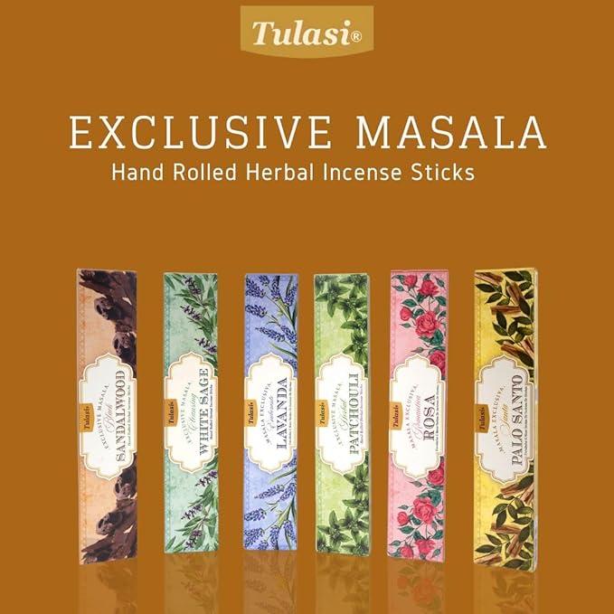 Tulasi Herbal Masala - Gift Pack of 6 x 15Gm, Hand Rolled Fragrance Incense Sticks for Aromatherapy, Relaxing, Yoga, Meditation, Prayer, 120 Herbal Incense Sticks with Natural Oils, Thanks Giving