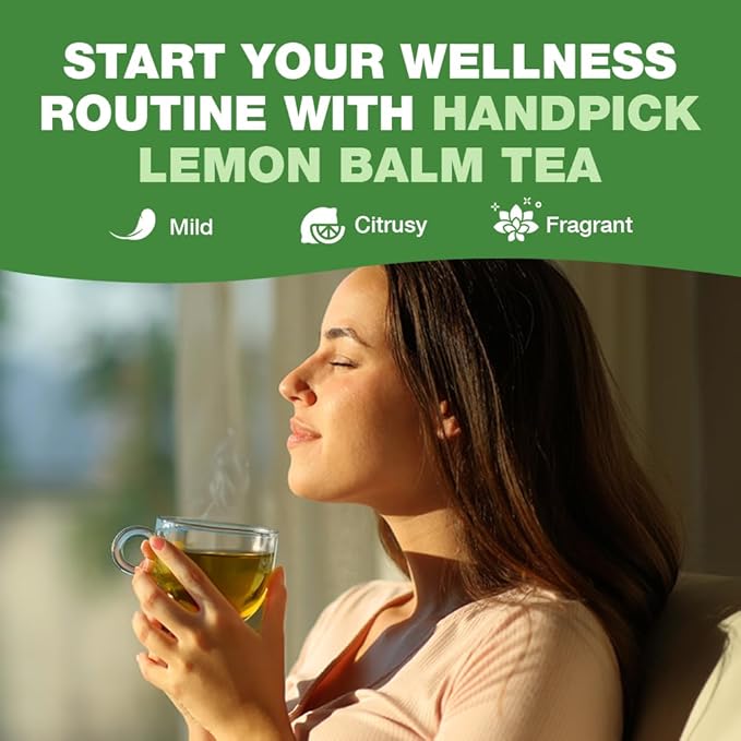 HANDPICK Lemon Balm Tea Bags – 100 Count | 100% Pure & Naturally Dried | Caffeine-Free Herbal Tea with Citrus Flavor & Aroma | Premium Lemon Balm Leaf for Calming and Digestion Support