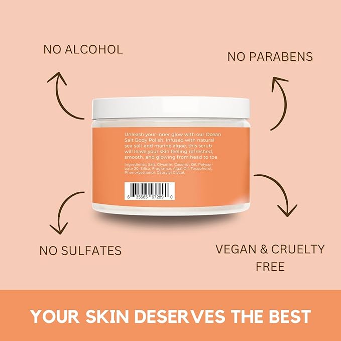 Sea Salt Body Scrub by Florida Suncare - Ocean Salt Body Polish Infused with Marine Algae - Exfoliating Face and Body Scrub - Facial Scrub Exfoliator to Tackle Acne (Coconut Mango, 12.1 oz)