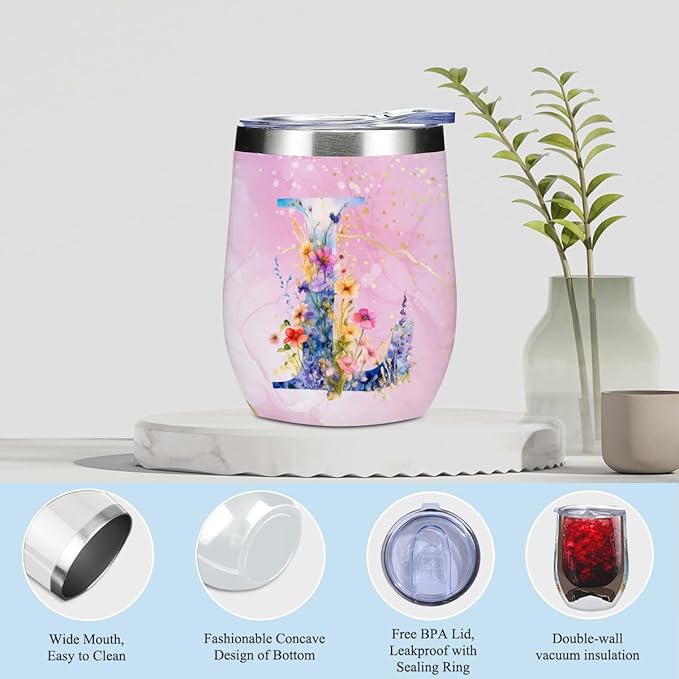 Personalized Gifts Monogrammed Birthday Gifts for Women, Mama New Mom Thanksgiving Wedding Christmas Initial Wine Tumbler Makeup Bag Scented Candle Bracelet 6 Set, (Aesthetic Pink Flower L)