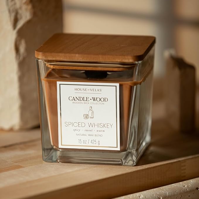 Candle Wood Collection, 15 oz, 1 Wooden Wick, Spiced Whiskey, Square Glass Jar Candle