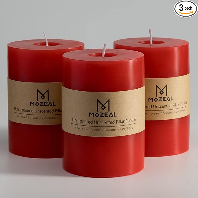 MOZEAL 3" x 4" Hand-Poured Unscented Candle,Dripless Pillar Candle Set of 3,Long Clean Burning,Approx 72 Hours Burn Time,Rustic Country Style,Wedding,Dinner,Christmas and Home Decor,Red