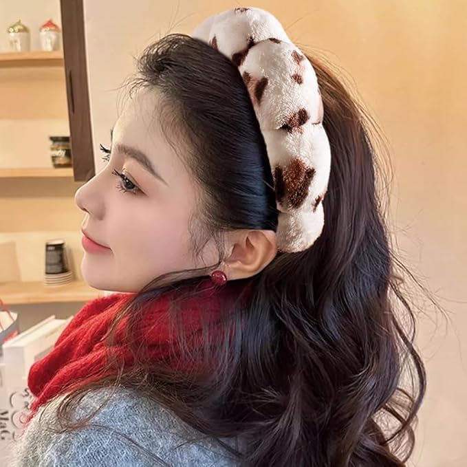 Spa Headbands for Washing Face or Makeup, Sponge Bubble Skincare Headbands, Puffy Terry Cloth Hairband for Women, Skin Care Makeup Headwear Hair Accessories for Girls (Leopard Khaki)