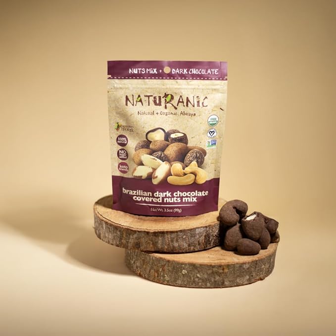 Naturanic Brazilian Dark Chocolate Covered Nuts Snack, No sugar, Keto friendly, Net Carb Zero, All NAtural, Organic, Vegan - Pack of 2