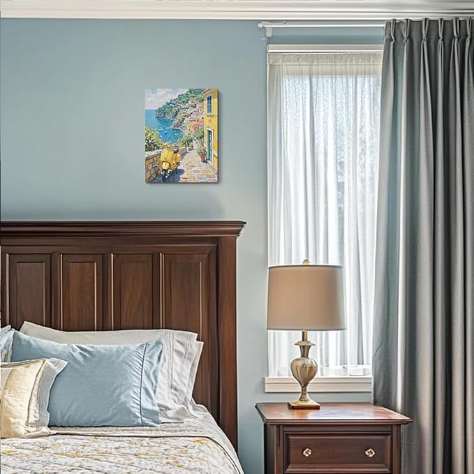 Italy Coast Landscape Wall Art, Italy Motorcycle Summer Watercolor Painting Canvas Framed Prints Modern Decorations, Rustic Theme Flowers Poster for Living Room Entryway Farmhouse Bedroom Dining room