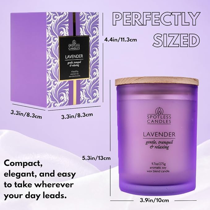Lavender Candle - 9.7 oz /275g Lavender Scented Candle in Purple Glass Jar with Wooden Lid and Wooden Crackling Wick in a Luxurious Gift Box - Gentle, Tranquil and Relaxing